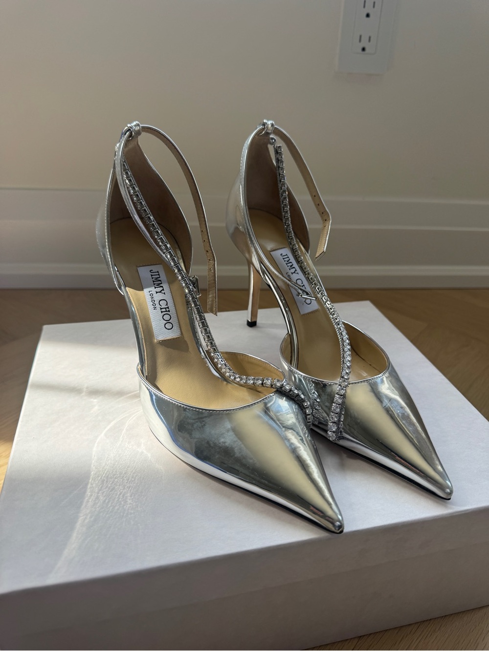 Jimmy Choo Silver Metallic Pointed-Toe T-Strap Heels with Crystal Accents - Picture 5 of 5